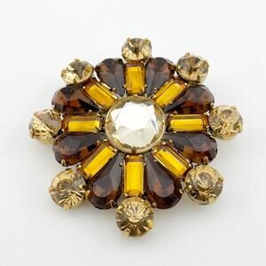 Vintage Brooch Pin Sunburst Amber Yellow Glass Stones Gold‎ Tone Jewelry